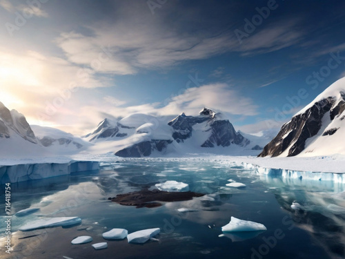 Antarctic landscape with icebergs and ice floes, Antarctica. Created using generative AI tools