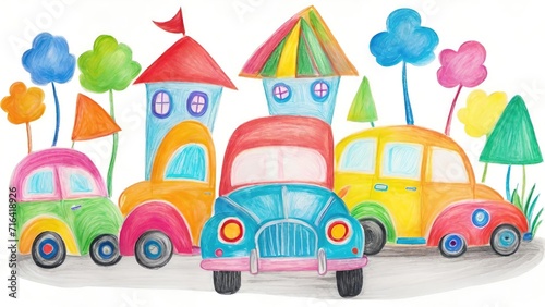 Childlike Drawing of Cars, House, Tree, Sun Illustration, Colorful Chalk Isolated on White Background © dreambender