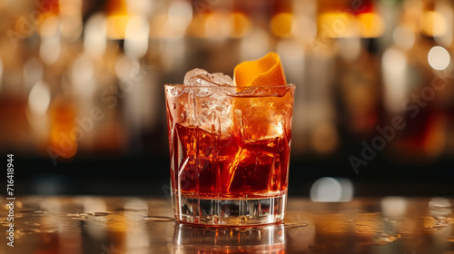 A Negroni Sbagliato cocktail with ice cubes on a bar photo