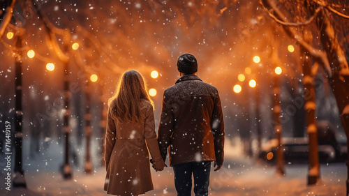 couple in love on Christmas Eve in a winter park, walking view from the back of a man and a woman holding hands