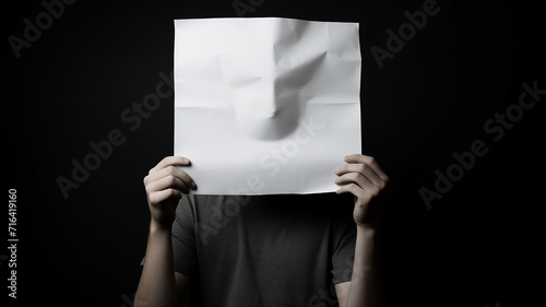 a man with a white sheet of paper covers his face with it, hides himself. announcement blank photo
