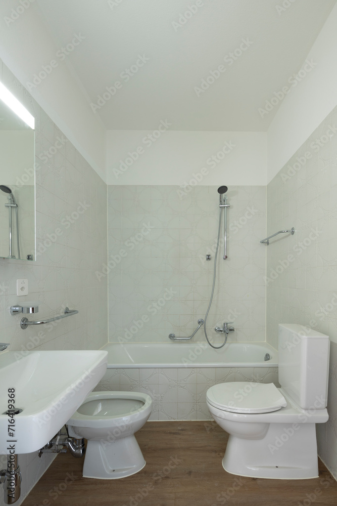 Front view of a bathroom with toilet, washbasin, bidet and bathtub Front view of a bathroom with toilet, washbasin, bidet and bathtub