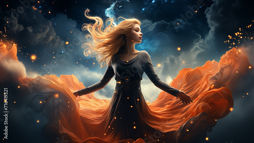 the sorceress of the night in the image of a girl flies against the background of the starry night sky, a fabulous illustration