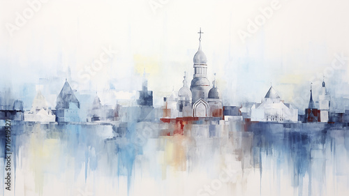 painting Orthodox churches row of churches on a white background, impressionism style light background art work