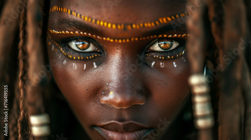 Beautiful african tribe woman, tribal markings, very detailed eye and iris, rasta hair, she is looking straight into the camera black background photo