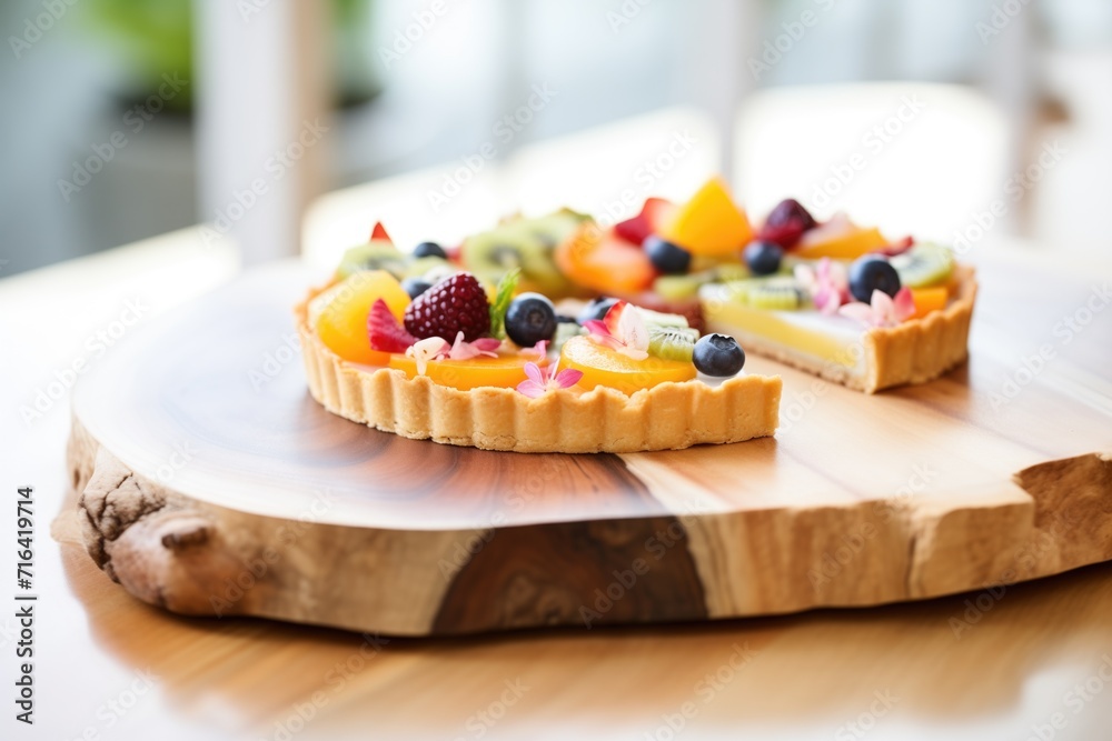 sliced fruit tart on wooden board
