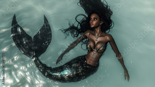 Beautiful black mermaid in the water. Randomly generated not based on a real person.
