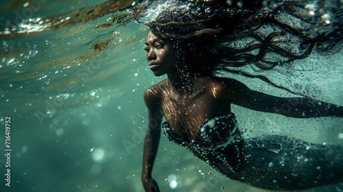 Beautiful black mermaid in the water. Randomly generated not based on a real person. © standret