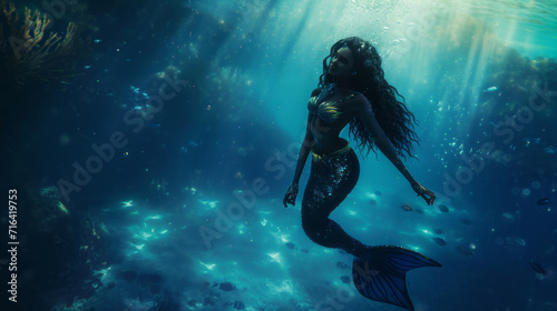 Beautiful black mermaid in the water. Randomly generated not based on a real person.