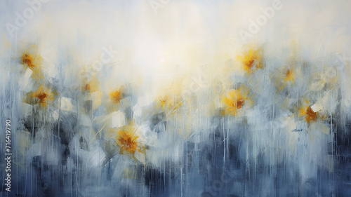 art work painting with paint impressionism style abstract sunflowers on a light gray and blue background, minimalism backdrop photo