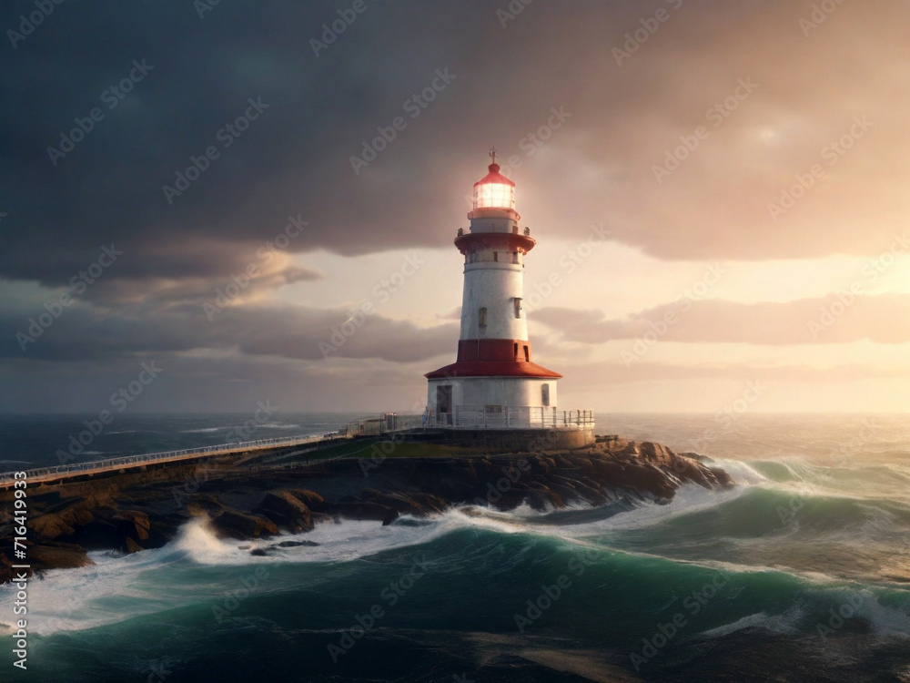 Lighthouse in the ocean at sunset, 3d render illustration. Beautiful seascape. Created using generative AI tools
