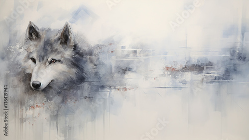 portrait of a wolf or dog in the style of impressionism, light white background copy space in light blue and gray tones photo