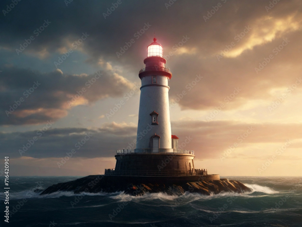 Lighthouse on the rock at sunset. Beautiful seascape. Created using generative AI tools