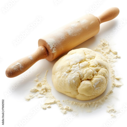 Fresh raw dough and rolling pin isolated on white background.