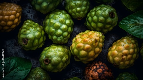 Fresh soursop with water splashes and drops on black background photo