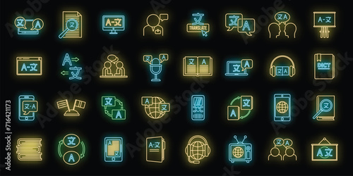 Foreign translator icons set. Outline set of foreign translator plan vector icons neon color on black