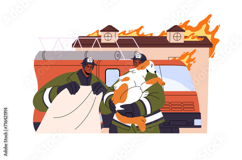 Firefighters in safety uniform save dog from burning house. Firemen extinguish flame with firetruck. Fire engine, truck on emergency accident. Flat isolated vector illustration on white background