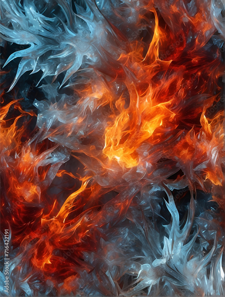 Digital painting of flames and ice. The flames are bright red and orange, while the ice is a cool blue and white