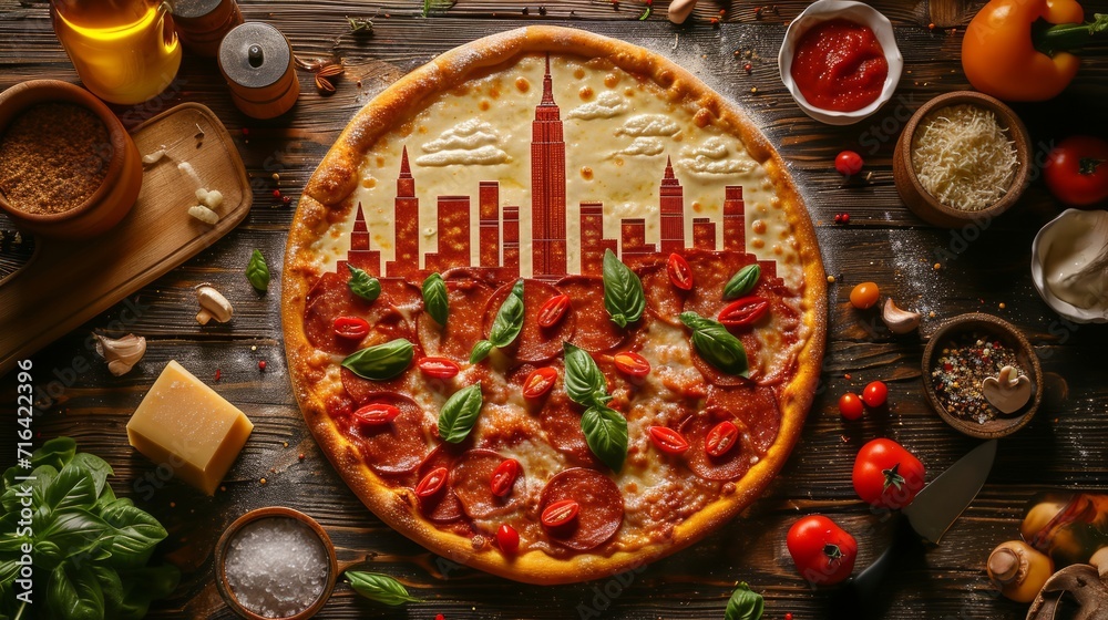 Pizza With Cityscape Topping, A Delicious Slice of Urban Delight