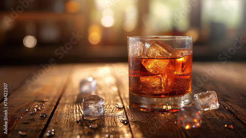 Illustration of a glass of whiskey soda with ice cubes on a wooden table in a dimly lit room created.