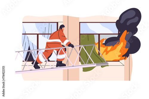 Professional firefighter climbs up the firetruck ladder. Fireman in helmet goes to extinguish burning house. Fire, smoke in open window. Emergency accident. Flat isolated vector illustration on white