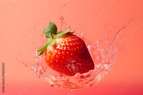 Fresh strawberry flying with water splashes on bright color background