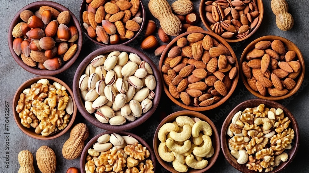 Background with different varieties of nuts. Top view of various nuts