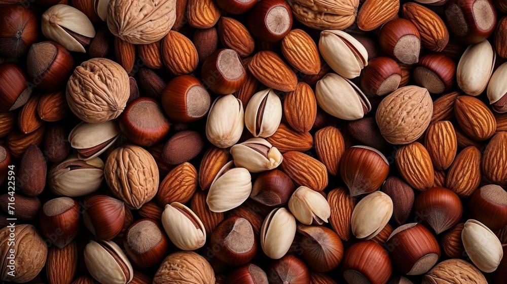 Background with different varieties of nuts. Top view of various nuts Background with different varieties of nuts. Top view of various nuts