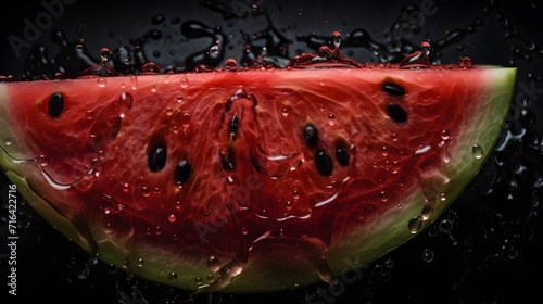 Fresh watermelon with water splashes and drops on black background