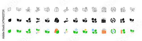 Leaves icon set. Linear, silhouette and flat style. Vector icons
