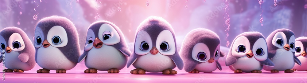 Fototapeta premium Charming penguin chicks gathered in a winter scene, irresistibly cute, adorned with festive party lights.