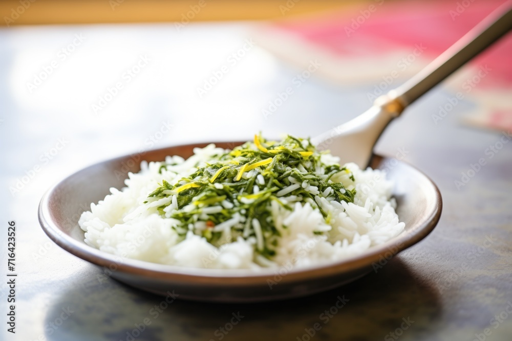 scoop of palak paneer on a basmati rice bed