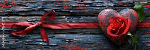 Wooden Heart Red Ribbon Decoration Rose, Banner Image For Website, Background, Desktop Wallpaper