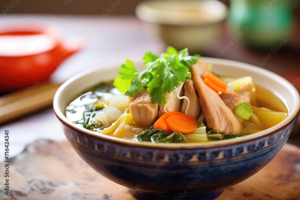 hot and sour soup with sliced pork floating amongst vegetables hot and sour soup with sliced pork floating amongst vegetables
