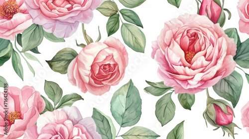 Seamless floral watercolor pattern with garden pink flowers roses, peonies, leaves, branches. Botanic tile, background. © standret