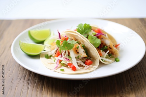 fish tacos with lime and cabbage slaw on a white plate