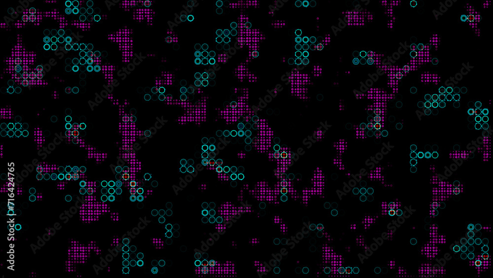 Abstract digital background with glowing purple and teal geometric shapes on a black backdrop.