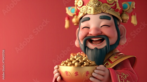 A cute Chinese God of wealth holding a large shiny gold ingot in his hand on a red background.