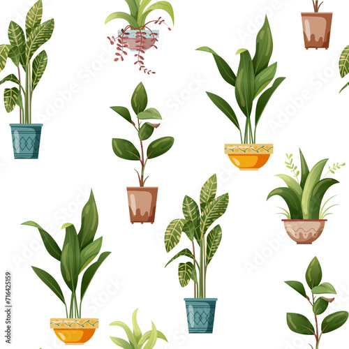 Seamless pattern. Houseplant plant growing in pots. Set of handmade home plants isolated on white background. Cartoon flat illustration.