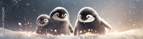 The heartwarming sight of penguin chicks huddled together in winter, enhanced by their cuteness and the glow of party lights.