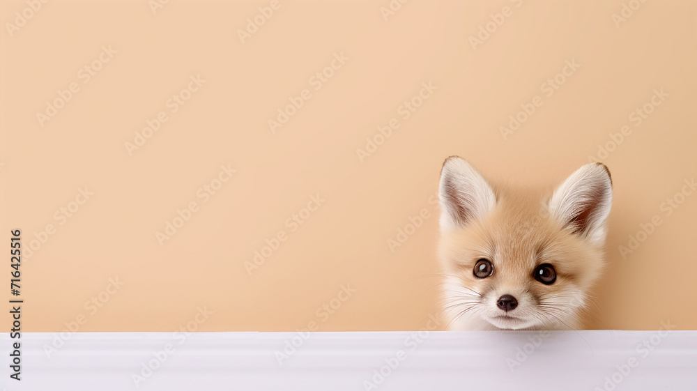 Obraz premium fox peeks out, on a smooth background in the studio