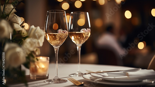 table setting with glasses on a festive evening, restaurant, christmas luxury table