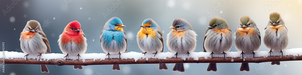 long narrow panoramic view winter postcard, a row of colorful little birds in a snowfall on a branch, snow weather nature