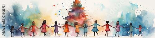 row of children holding hands and dancing round dance around  Christmas tree, long narrow panoramic view watercolor illustration holiday photo