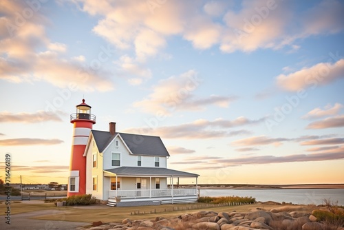 lighthouse near a coastal cape cod home photo