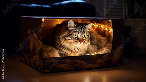 a cat peeks out of a cardboard box, a cute cat inside a box, a simple pet house photo