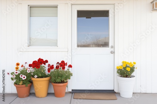 flower pots decorating each side of a white door