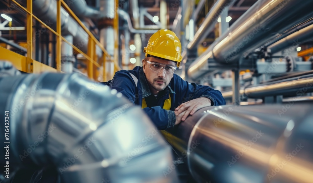 Male worker inspection at steel long pipes and pipe elbow in station oil factory during refinery valve of visual check record pipeline oil and gas industry. Male worker inspection at steel long pipes and pipe elbow in station oil factory during refinery valve of visual check record pipeline oil and gas industry.