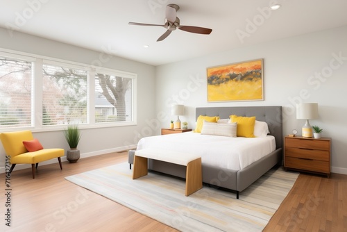 master suite with corner windows and modern decor