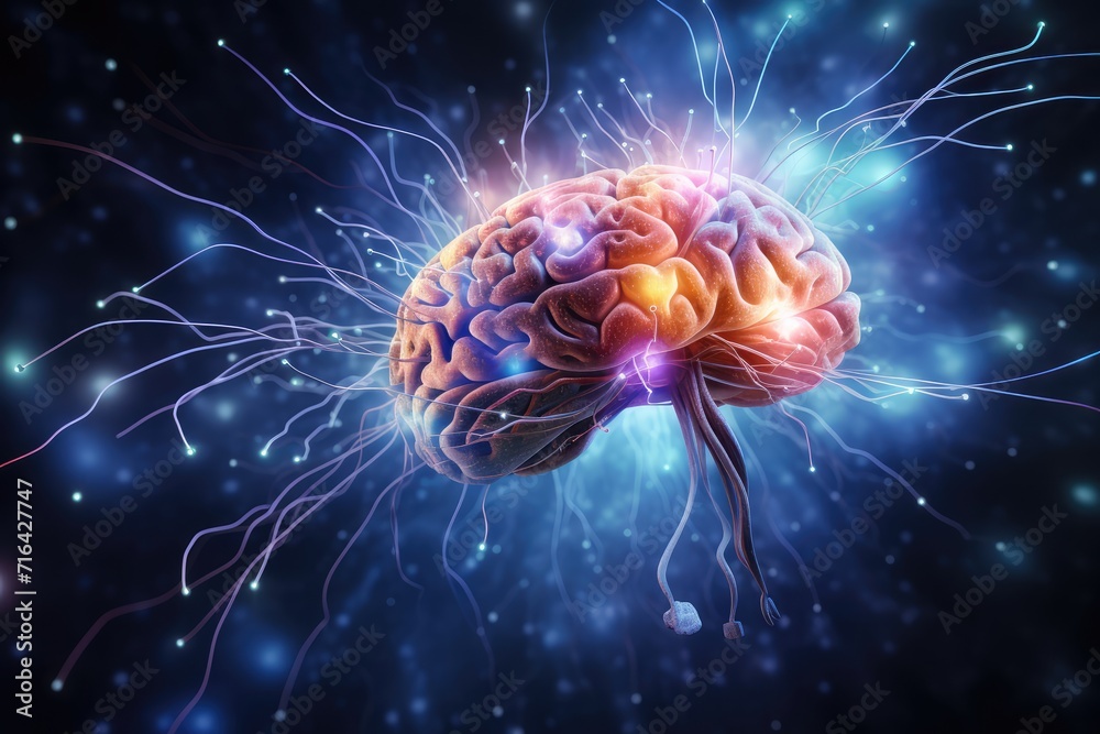 Skull's neurons gem-toned creativity. Synaptic connections, dappled in ...